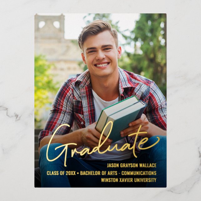Male Custom Grad Photo Graduate Script Overlay Foil Holiday Postcard (Front)