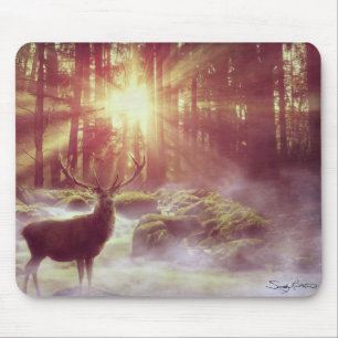 Male Deer in Misty Woods at Sunrise Golden Hour Mouse Pad