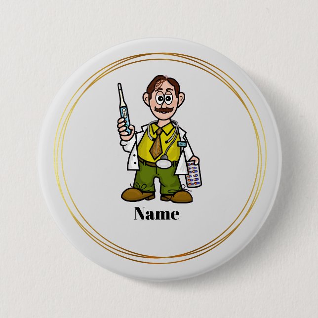 Male Doctor Holding Thermometer and Pills Button (Front)