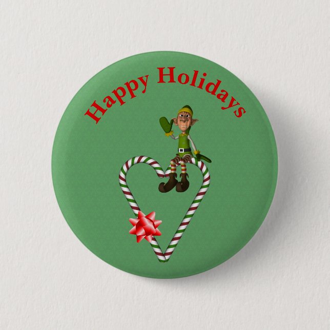 Male Elf Candy Cane Heart Christmas Holiday  2 Inch Round Button (Front)
