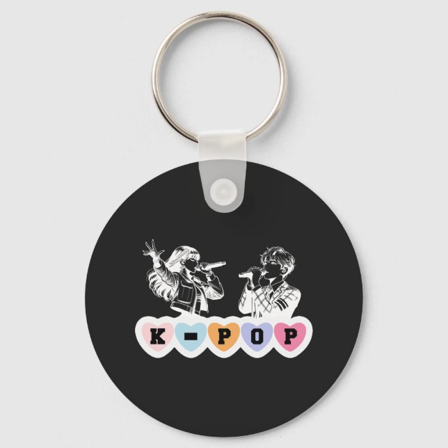 Male Female Idols Singing KPop Hearts Music Design Keychain (Front)