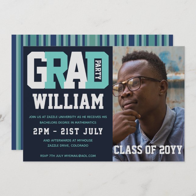 Male GRADUATION PHOTO invitation Blue Turquoise (Front/Back)