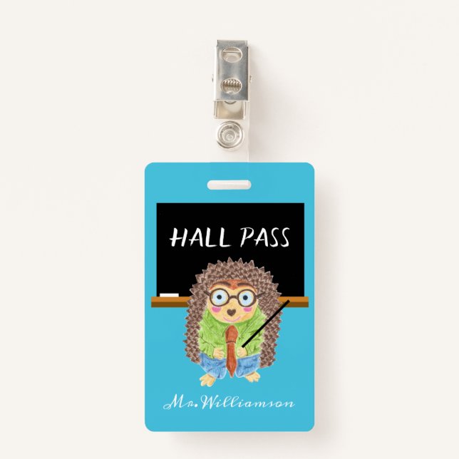 Male Hedgehog Teacher Blue Hall Pass Badge (Front with Clip)