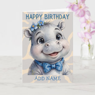 Male Hippo: Baby Animal Pastel Bow Birthday Card