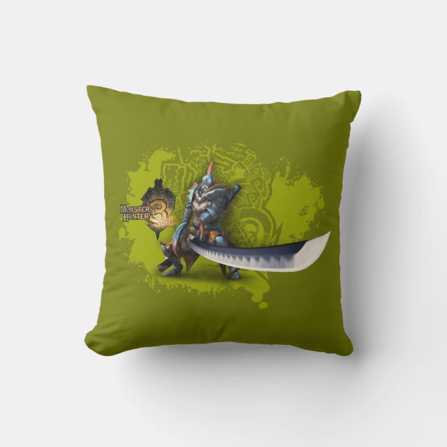 Male hunter with long sword & lagiacrus armour 3 throw pillow (Front)