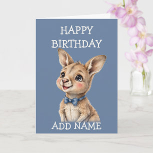 Male Kangaroo: Baby Animal Pastel Bow Birthday Card