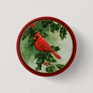 Male Northern Cardinal and Holly 1 Inch Round Button
