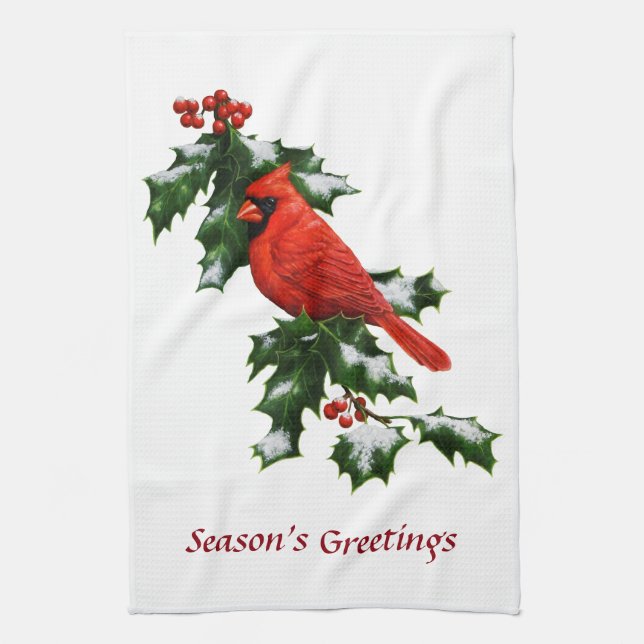 Male Northern Cardinal and Holly Kitchen Towel (Vertical)