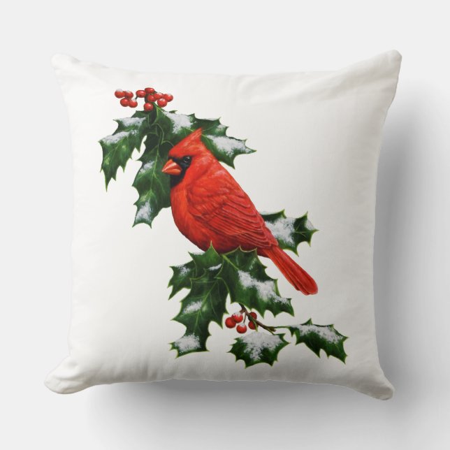 Male Northern Cardinal and Holly Throw Pillow (Front)