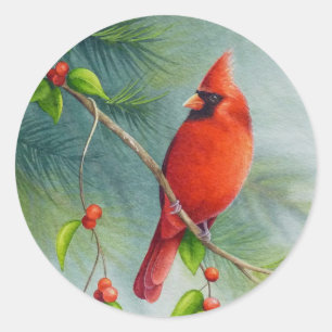 Male Northern Cardinal Bird Watercolor Art Classic Round Sticker