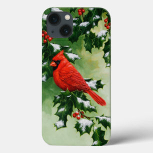 Male Northern Red Cardinal Bird & Holly Branch iPhone 13 Case