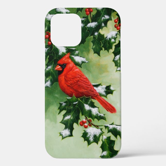 Male Northern Red Cardinal Bird & Holly Branch Case-Mate iPhone Case (Back)