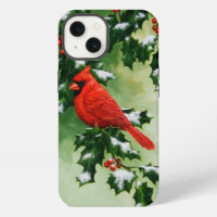 Male Northern Red Cardinal Bird & Holly Branch