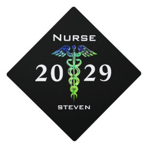 Male Nurse Black Blue Caduceus Personalized Graduation Cap Topper