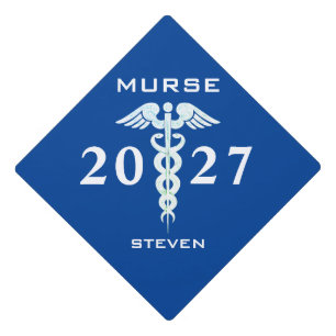 Male Nurse Murse Caduceus Blue Personalized Graduation Cap Topper
