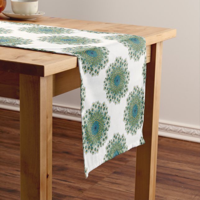 Male Peacock Colourful Mandala Short Table Runner (In Situ)