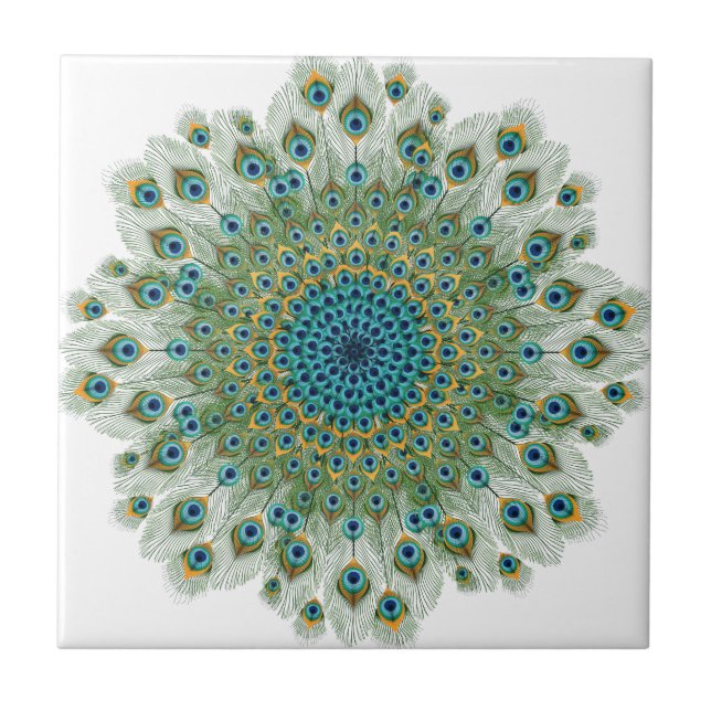 Male Peacock Colourful Mandala Tile (Front)
