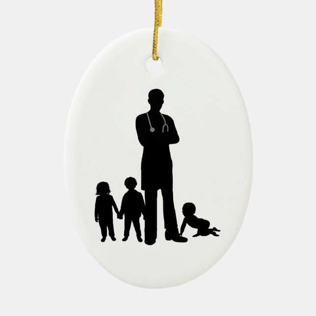 Male Pediatrician Silhouette with Kids Ornament    (Front)