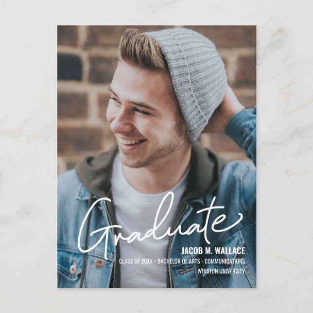 Male Personalized University Graduate Photo Name Announcement Postcard (Front)