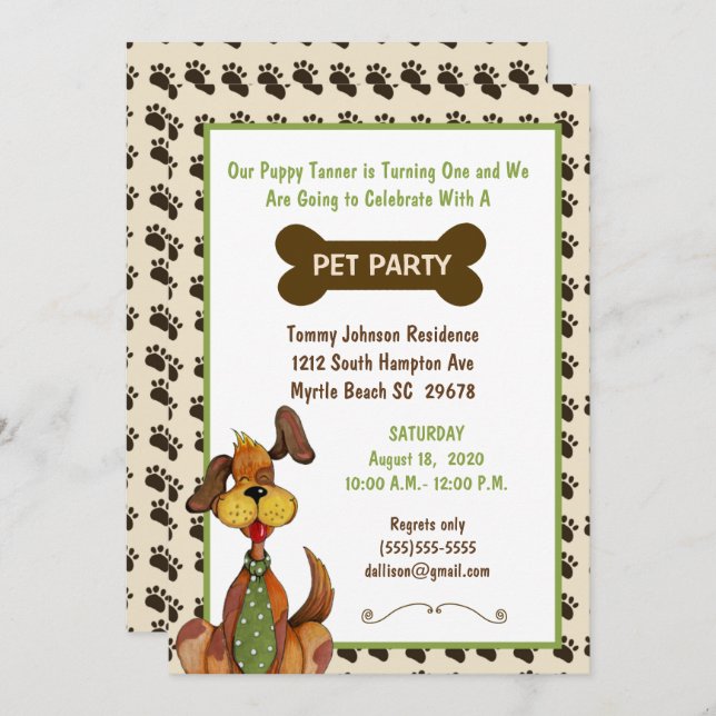 Male Pet Birthday Party Invitation (Front/Back)