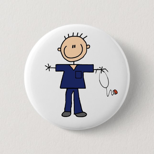 Male Stick Figure Nurse - Blue 2 Inch Round Button (Front)