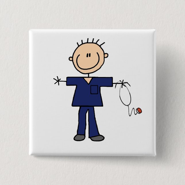 Male Stick Figure Nurse - Blue 2 Inch Square Button (Front)