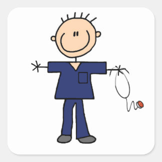 Male Stick Figure Nurse - Blue Square Sticker