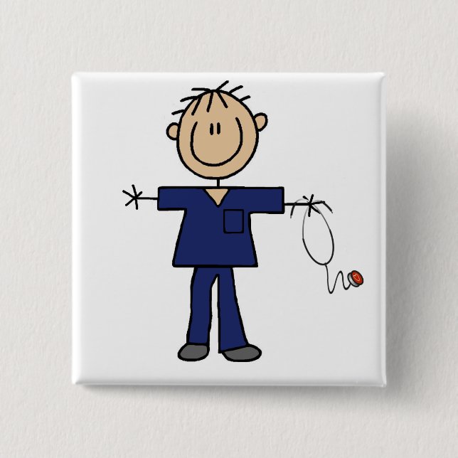 Male Stick Figure Nurse Medium Skin 2 Inch Square Button (Front)