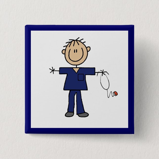 Male Stick Figure Nurse Medium Skin 2 Inch Square Button (Front)