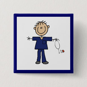 Male Stick Figure Nurse Medium Skin 2 Inch Square Button
