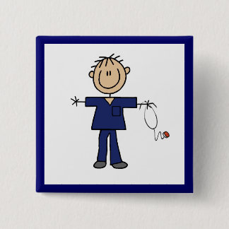 Male Stick Figure Nurse Medium Skin 2 Inch Square Button
