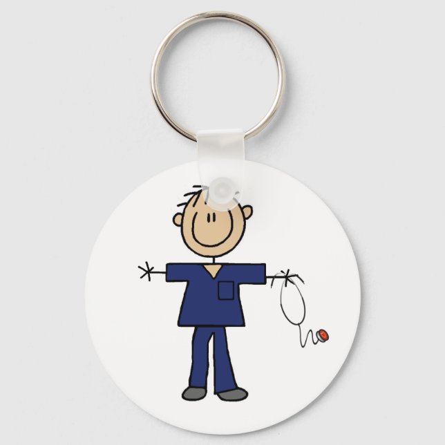 Male Stick Figure Nurse Medium Skin Keychain (Front)