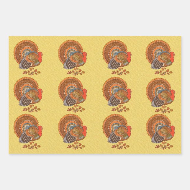 Male Turkeys Fanned Tails in Leaves Fall Feathers Wrapping Paper Sheet (Front)