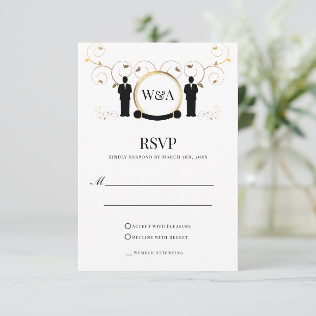 Male Wedding Gold Monogram LGBTQ RSVP Card (Standing Front)