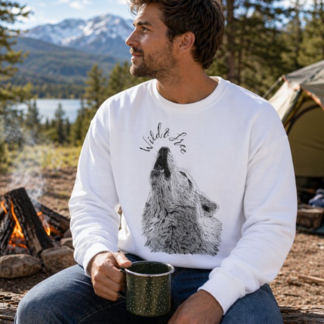 Male Wild & Free Script Howling Wolf Fine Art Sweatshirt (Creator Uploaded)