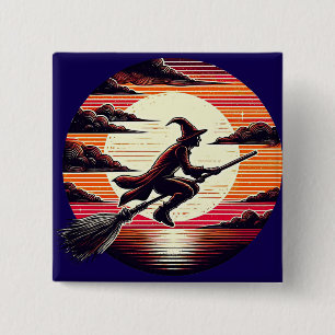 Male Witch riding Broom in sunset art illustration 2 Inch Square Button