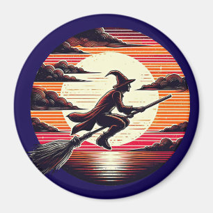 Male Witch riding Broom in sunset art illustration Magnet