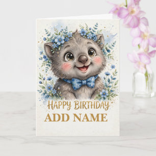 Male Wombat: Baby Animal Pastel bow Birthday Card