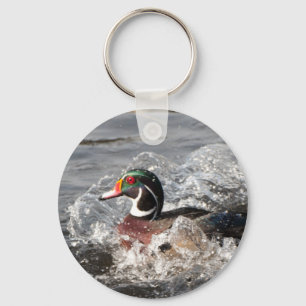 Male Wood Duck Making a Splash Keychain