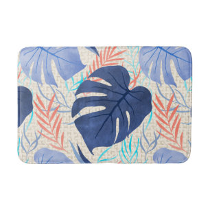 Maleah Monstera Tropical Hawaiian Watercolor- Blue Bath Mat