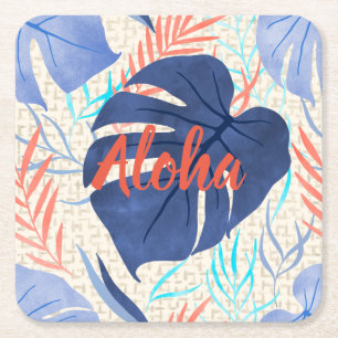 Maleah Monstera Tropical Hawaiian Watercolor- Blue Square Paper Coaster