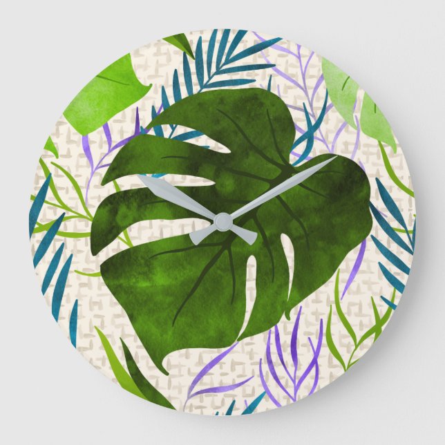 Maleah Monstera Tropical Hawaiian Watercolor-Green Large Clock (Front)