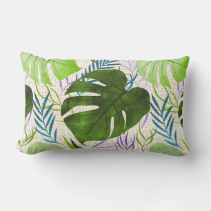 Maleah Monstera Tropical Hawaiian Watercolor-Green Lumbar Pillow