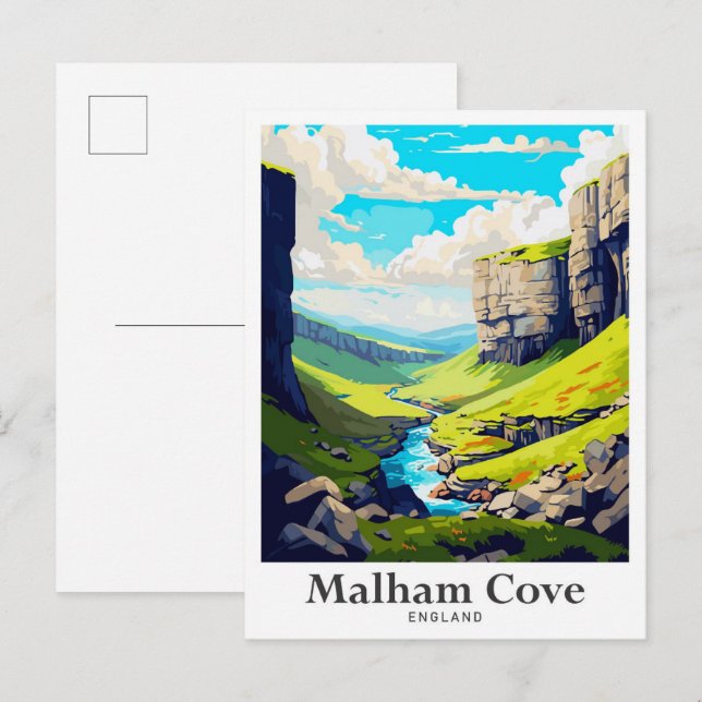 Malham England Art Vintage Travel Illustration Postcard (Front/Back)