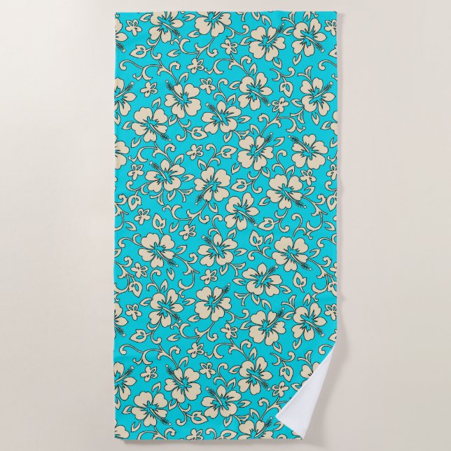 Malia Hawaiian Hibiscus Tropical Floral - Turq Beach Towel (Front)