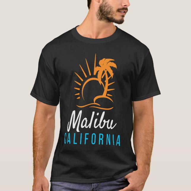 Malibu Beach California Sunset Retro Palm Trees T-Shirt (Front)