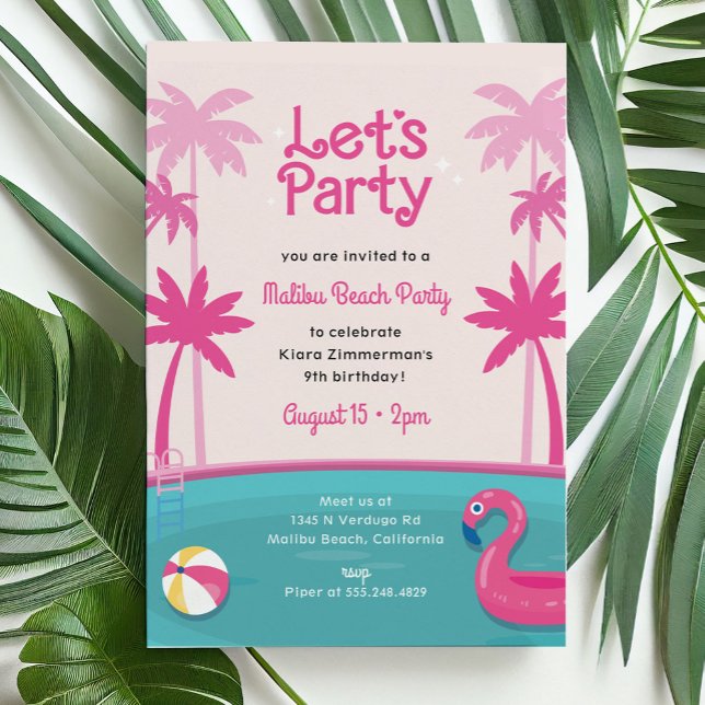Malibu Beach Doll Summer Pool Party Birthday Invitation (Malibu beach doll party invitation with swimming pool, palm trees and flamingo)