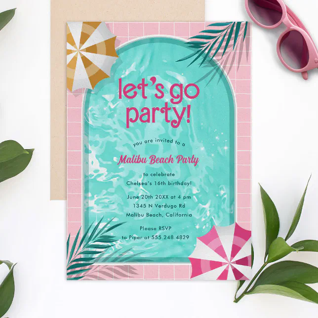 Malibu Beach Doll Summer Pool Party Birthday Invitation | Zazzle