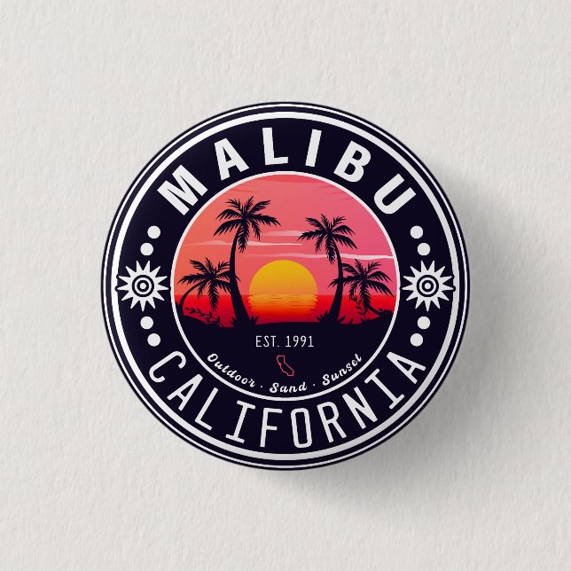 Malibu Ca Retro Sunset Palm Trees Souvenirs 60s 1 Inch Round Button (Front)