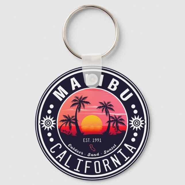 Malibu Ca Retro Sunset Palm Trees Souvenirs 60s Keychain (Front)